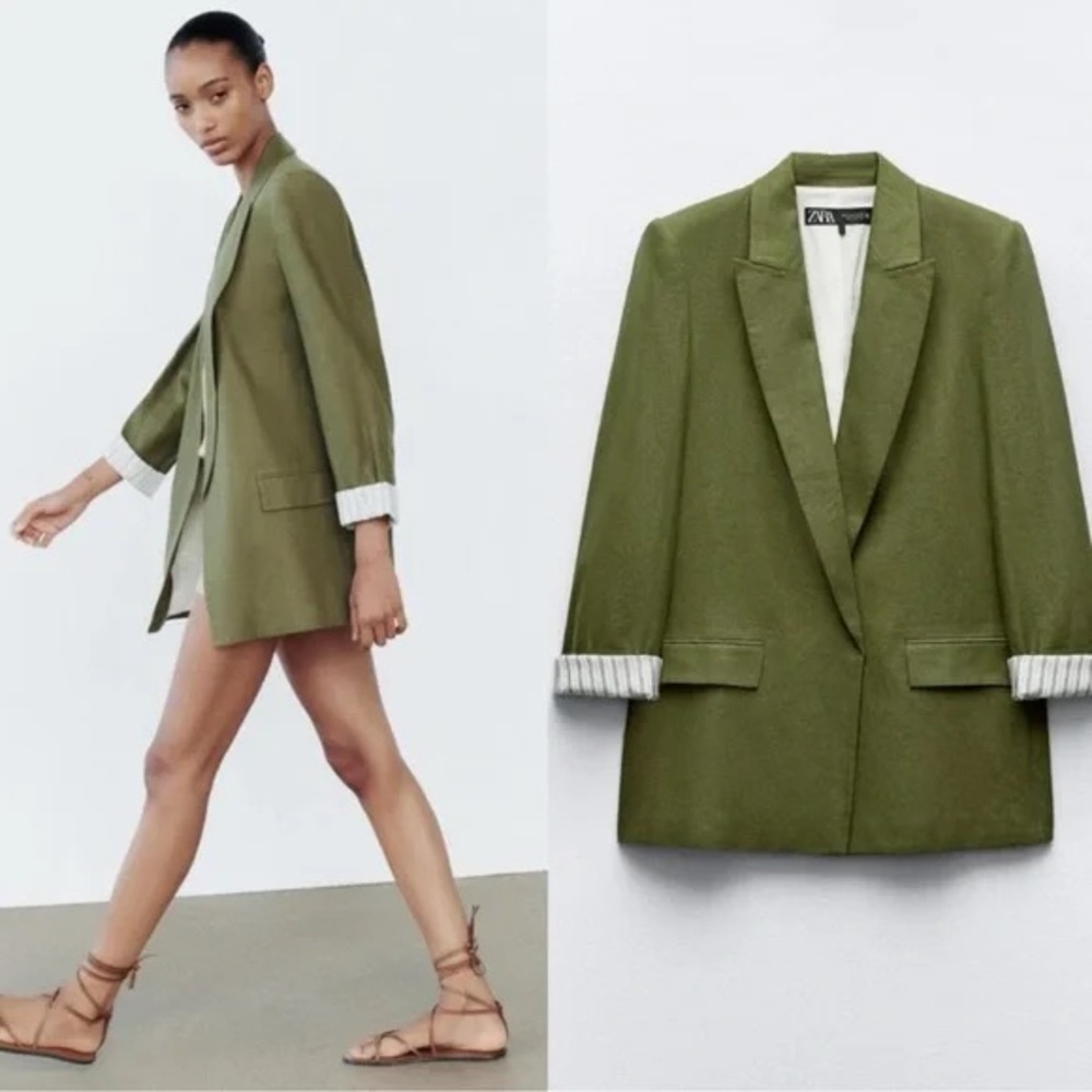 NWT Zara Women's Linen Blend Roll Up Sleeve Open Front Khaki Green Blazer